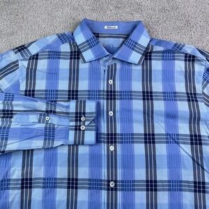 Bugatchi Uomo Shirt Mens XL Blue Plaid Shaped Fit Cotton Long Sleeve Button Up